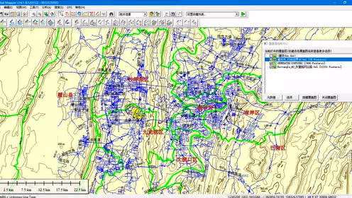 等高線疊加矢量路網、水系、行政邊界